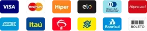 Formas de pagamento aceitas: Visa, Mastercard, Hiper, Elo, Diners, Hipercard, Amex, Itaú, Bradesco, Banco do Brasil, Banrisul e Boleto