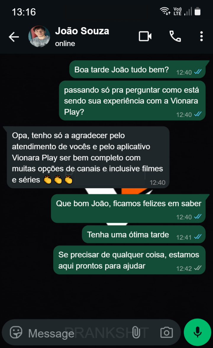 Depoimento de cliente da Vionara Play no WhatsApp