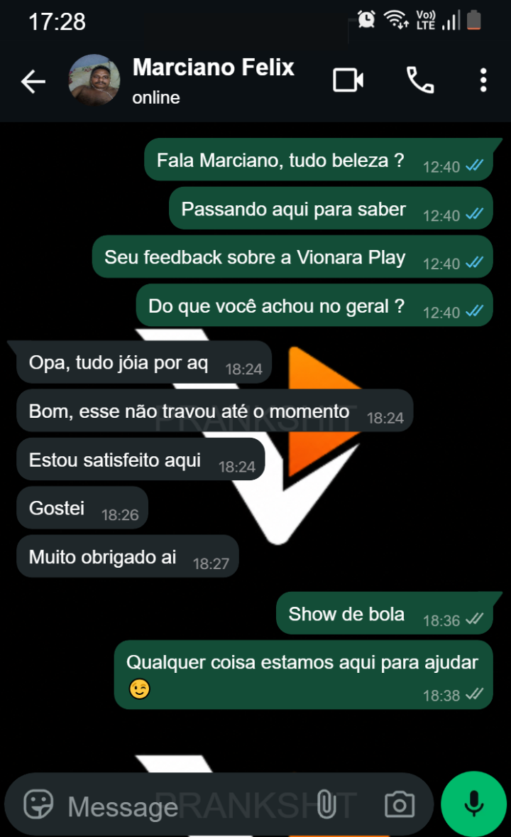 Feedback de assinante satisfeito com a Vionara Play